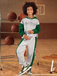 SHEIN Boys Letter Graphic Colourblock Drop Shoulder Hoodie & Joggers - Multicolor - View 1