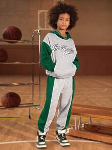 SHEIN Boys Letter Graphic Colourblock Drop Shoulder Hoodie & Joggers - Multicolor - View 3