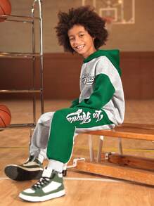 SHEIN Boys Letter Graphic Colourblock Drop Shoulder Hoodie & Joggers - Multicolor - View 4