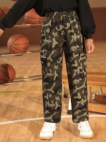 SHEIN 男孩迷彩印花翻蓋口袋工裝褲