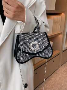 Rhinestone Decor Flap Chain Novelty Bag - Black - View 2