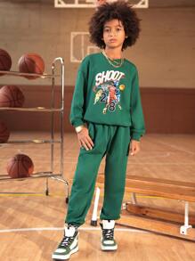 SHEIN Boys Letter & Figure Graphic Drop Shoulder Pullover & Joggers - Dark Green - View 4