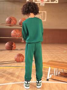 SHEIN Boys Letter & Figure Graphic Drop Shoulder Pullover & Joggers - Dark Green - View 6