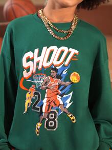 SHEIN Boys Letter & Figure Graphic Drop Shoulder Pullover & Joggers - Dark Green - View 5