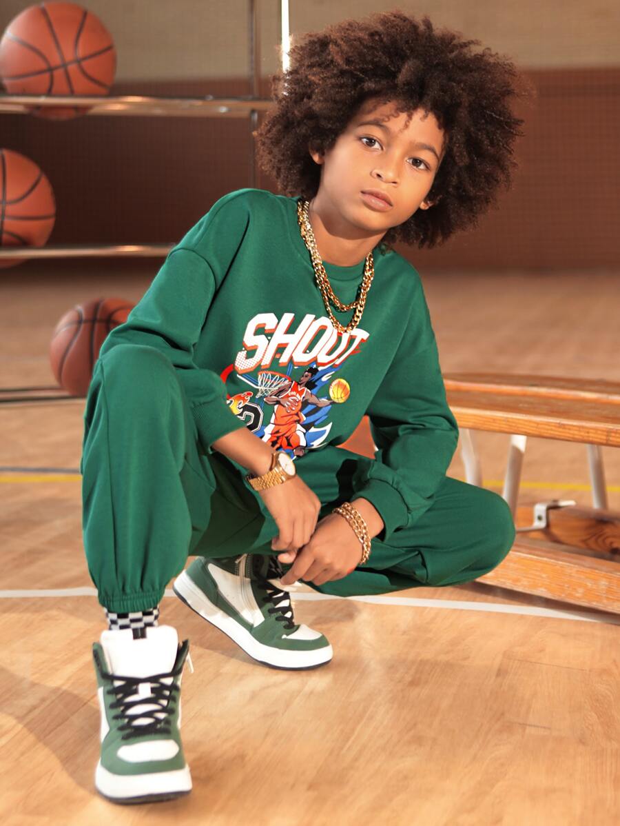 SHEIN Boys Letter & Figure Graphic Drop Shoulder Pullover & Joggers - Dark Green - View 1