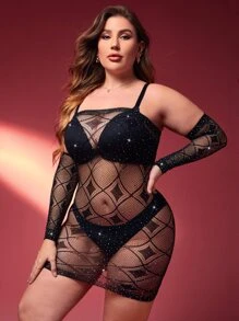 Plus Rhinestone Studded Fishnet Dress With Arm Sleeves - Black - View 3