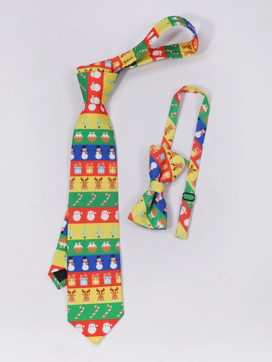 Men Christmas Elk Pattern Tie & Bow Tie - Multicolor - View 1
