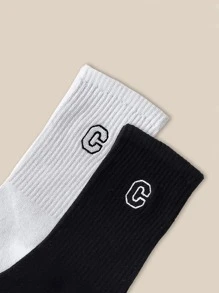 2 pares Calcetines de tripulación con bordado de letra - Blanco y Negro - Ver 2