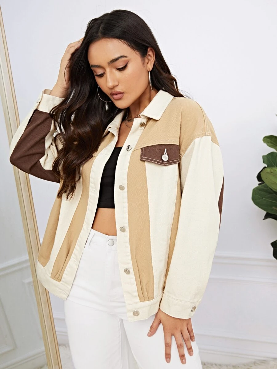 Drop Shoulder Colorblock Denim Jacket | SHEIN USA