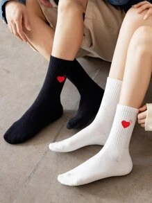 2 pares Calcetines de tripulación con patrón de corazón - Blanco y Negro - Ver 1