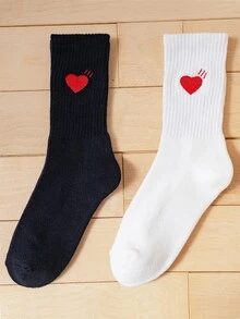 2 pares Calcetines de tripulación con patrón de corazón - Blanco y Negro - Ver 2