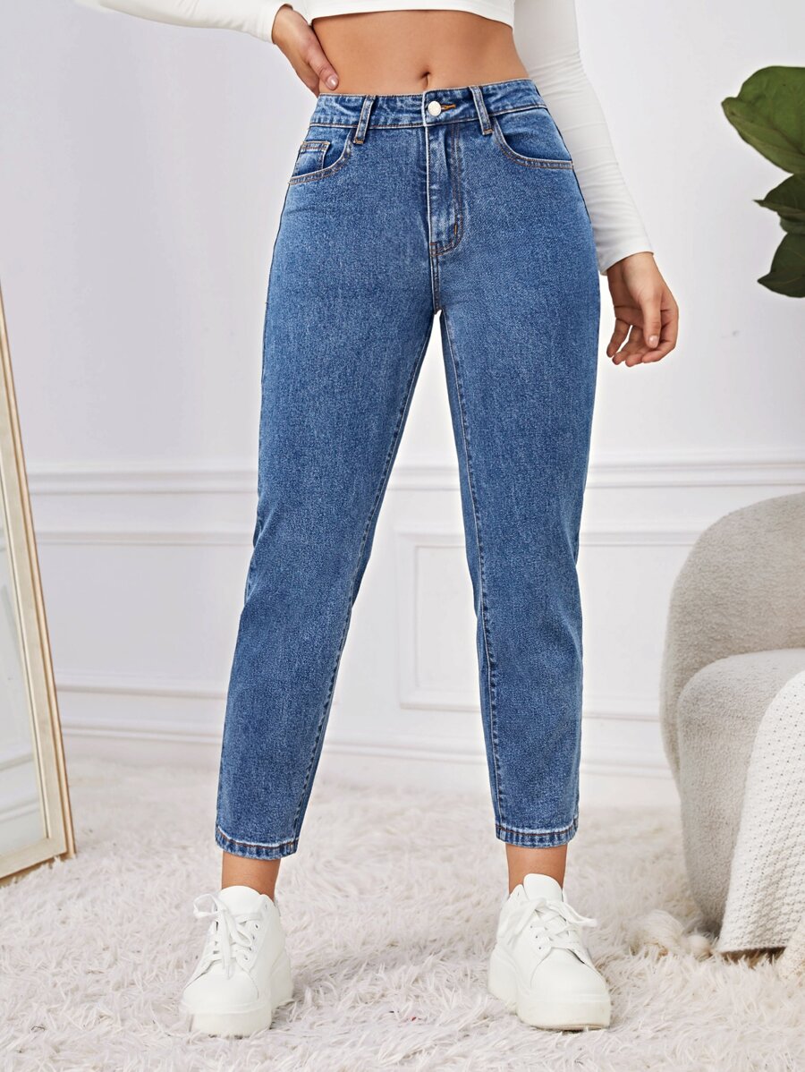 Medium Washed Mom Fit Jeans - Medium Wash - View 1