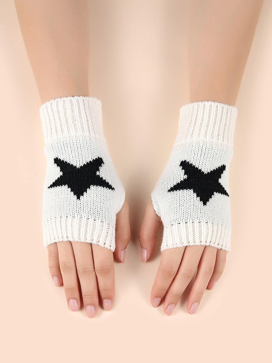 1 par de guantes sin dedos con estampado de estrellas, tela cálida y cómoda - Blanco - Ver 1