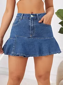 SHEIN EZwear Washed Ruffle Hem Denim Skirt - Medium Wash - View 3