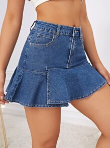 SHEIN EZwear Washed Ruffle Hem Denim Skirt - Medium Wash - View 5