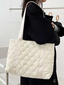 Quilted Shoulder Tote Bag - White - View 1