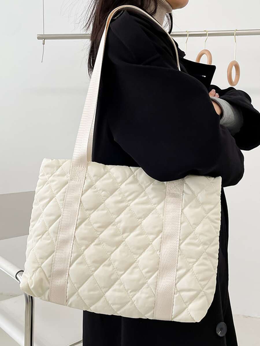 Quilted Shoulder Tote Bag - White - View 1