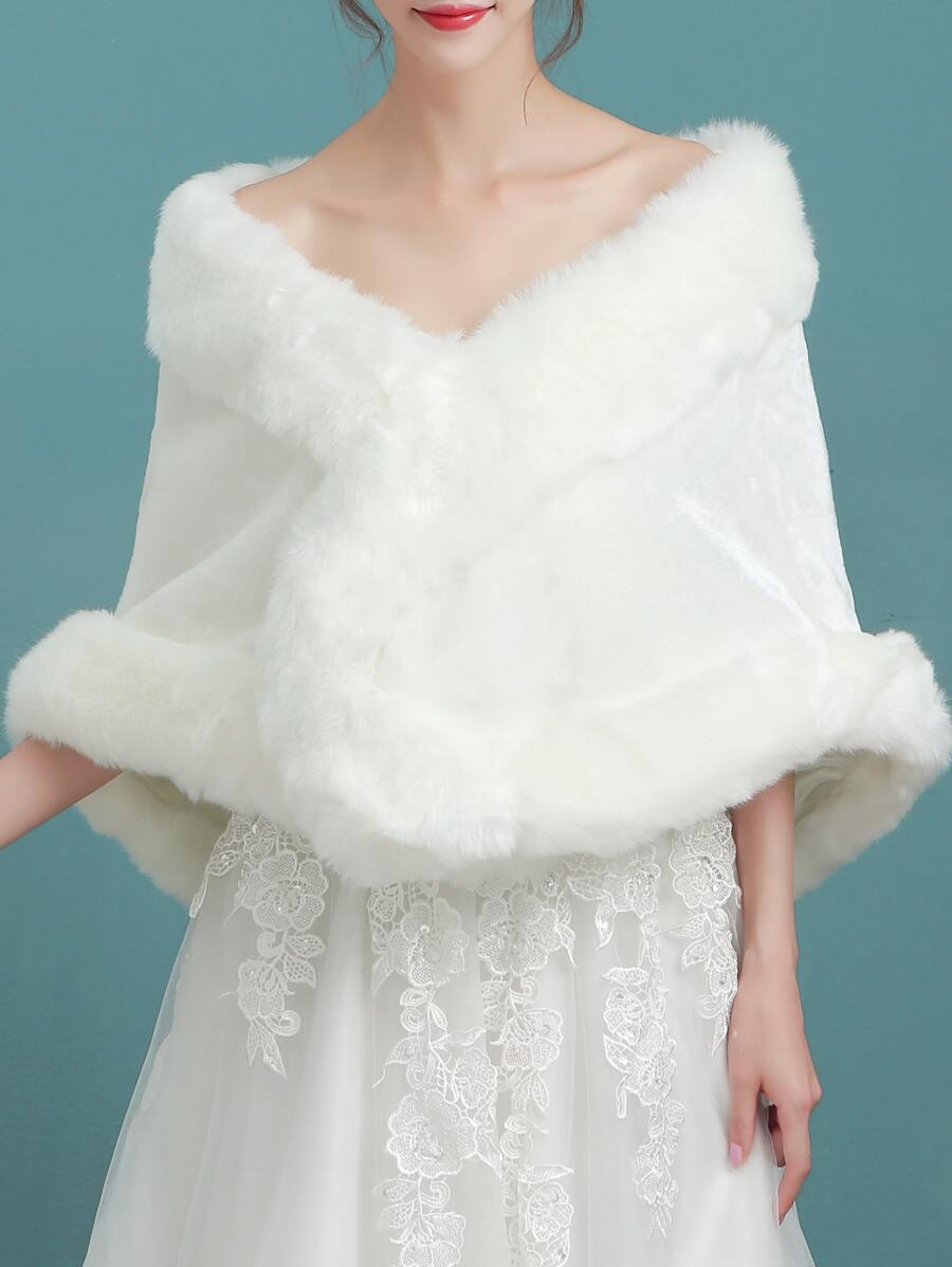 1件新娘披肩，白色保暖加厚仿毛皮斗篷，适用于婚礼仪式，浪漫百搭毛皮披肩