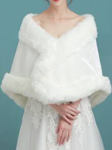 1件新娘披肩，白色保暖加厚仿毛皮斗篷，适用于婚礼仪式，浪漫百搭毛皮披肩