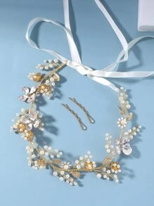 3入組人造珍珠裝飾新娘頭飾 - 金色 - 查看 1