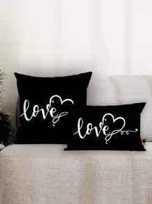 1入組愛心和字母圖案靠墊套不附帶墊芯 - 黑與白 - 查看 1