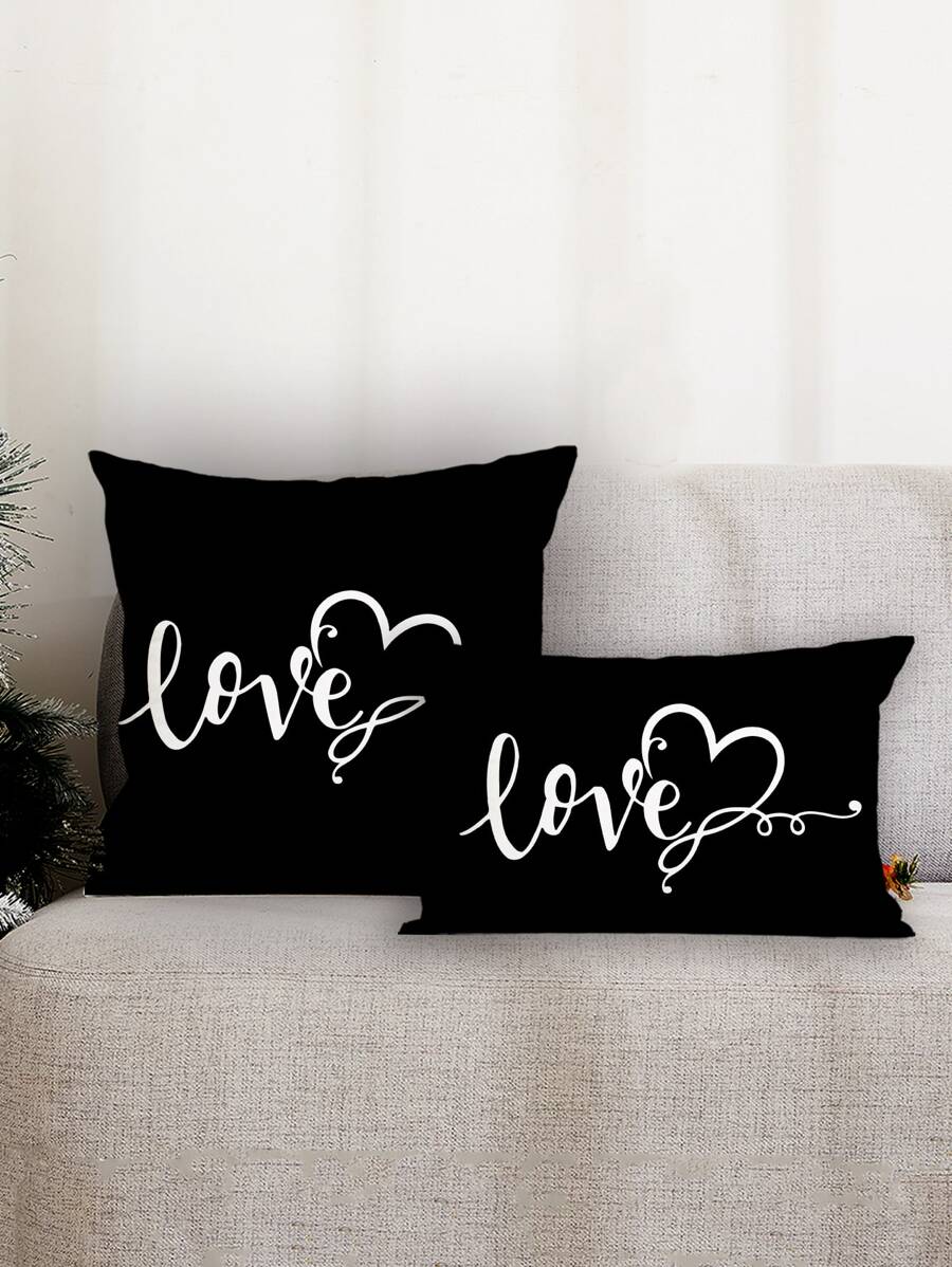 1入組愛心和字母圖案靠墊套不附帶墊芯 - 黑與白 - 查看 1