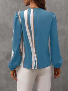 Chiquease Áo sơ mi nữ Nút phía trước Khối Màu Giải trí - Màu xanh lam - Xem 2