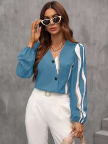 Chiquease Áo sơ mi nữ Nút phía trước Khối Màu Giải trí - Màu xanh lam - Xem 3