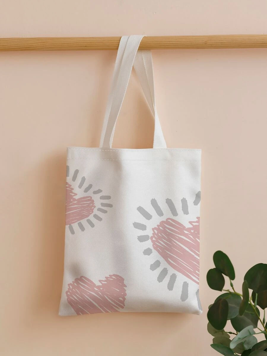 可翻转心形图案购物袋书包，大容量，经典休闲，可折叠，便携，适合少女女大学生，非常适合返校、购物、初中、高中、大学，时尚心形钱包，与情人节连衣裙完美搭配 - 彩色 - 查看 1