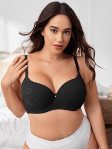 Plus Floral Jacquard Bow Front Push Up Bra - Black - View 1