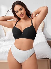 Plus Floral Jacquard Bow Front Push Up Bra - Black - View 3