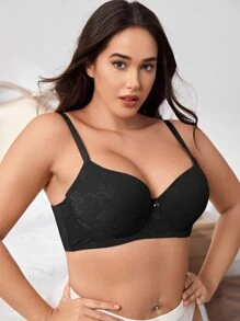 Plus Floral Jacquard Bow Front Push Up Bra - Black - View 4