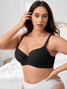 Plus Floral Jacquard Bow Front Push Up Bra - Black - View 5