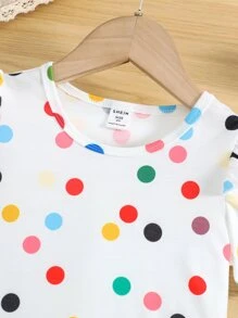 SHEIN Bộ thời trang bé gái Xù Chấm bi Dễ thương - Xanh và trắng - Xem 5