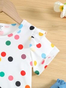 SHEIN Bộ thời trang bé gái Xù Chấm bi Dễ thương - Xanh và trắng - Xem 6