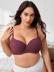 Plus Floral Jacquard Bow Front Push Up Bra - Mauve Purple - View 1