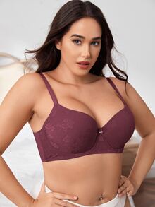 Plus Floral Jacquard Bow Front Push Up Bra - Mauve Purple - View 4