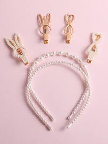 Niñas 6 piezas Set accesorio de pelo con perla artificial con diseño de conejo - Multicolor - Ver 3