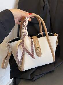 Textured Skinny Scarf Decor Bucket Bag With Inner Pouch - Khaki - View 1