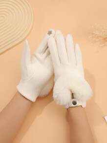 1 双女式仿兔毛保暖手套，适合秋冬季驾驶、骑自行车、日常户外休闲穿着 - 白色 - 查看 2