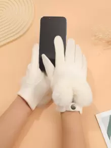 1 双女式仿兔毛保暖手套，适合秋冬季驾驶、骑自行车、日常户外休闲穿着 - 白色 - 查看 4