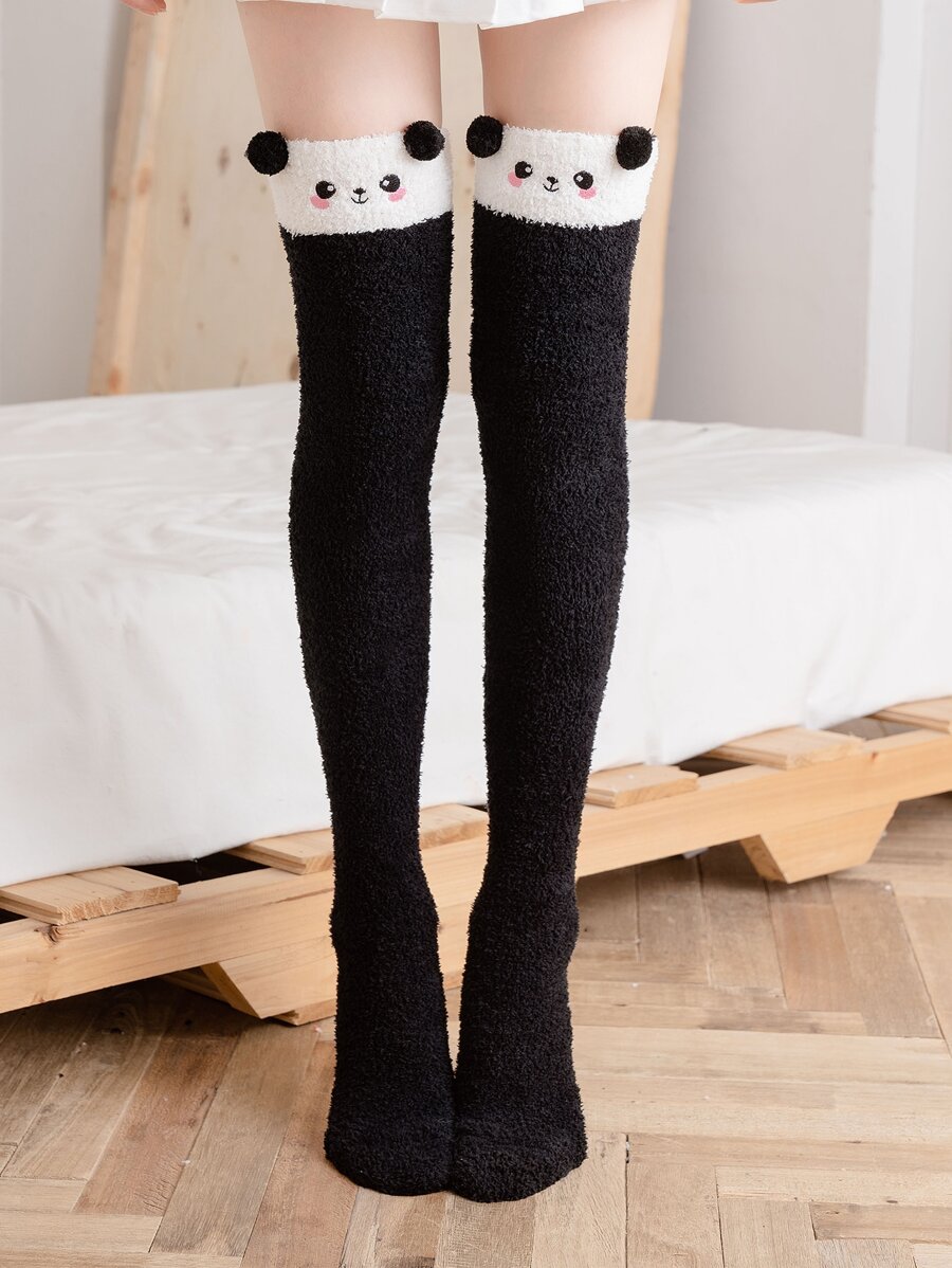 小女童卡通熊貓刺繡過膝襪 - 黑色 - 查看 1