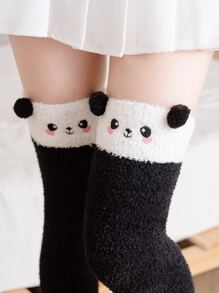 小女童卡通熊貓刺繡過膝襪 - 黑色 - 查看 3