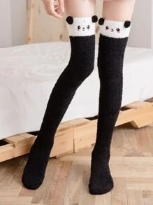 小女童卡通熊貓刺繡過膝襪 - 黑色 - 查看 5