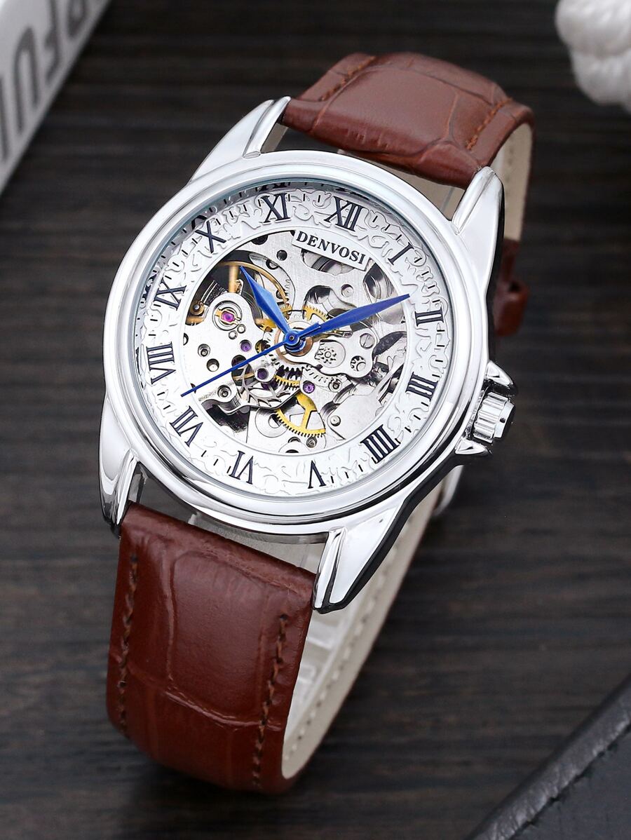 DENVOSI Men Skeleton Mechanical Watch - Brown - View 1