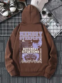 ROMWE MEN Guys Letter Graphic Drawstring Thermal Lined Hoodie - Coffee Brown - View 1