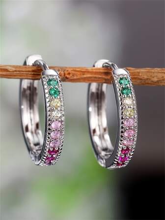 1 Pair Luxury Copper Zirconia Inlaid Colorful Geometric Round Hoop Earrings, Hip-Hop Style For Women, Party & Date Gift