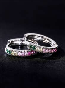 1 Pair Luxury Copper Zirconia Inlaid Colorful Geometric Round Hoop Earrings, Hip-Hop Style For Women, Party & Date Gift - Silver - View 2