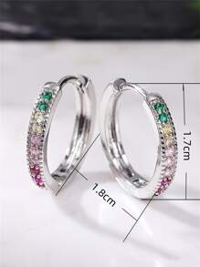 1 Pair Luxury Copper Zirconia Inlaid Colorful Geometric Round Hoop Earrings, Hip-Hop Style For Women, Party & Date Gift - Silver - View 3