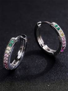 1 Pair Luxury Copper Zirconia Inlaid Colorful Geometric Round Hoop Earrings, Hip-Hop Style For Women, Party & Date Gift - Silver - View 4
